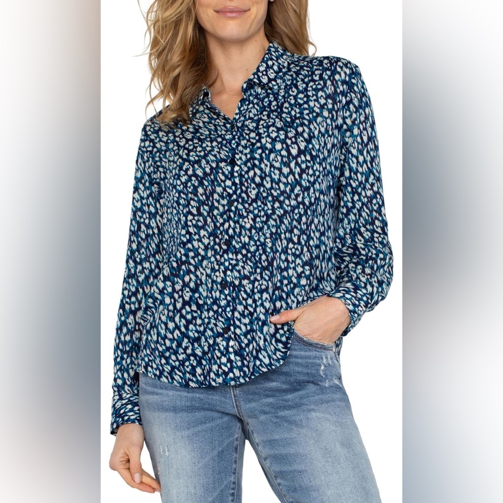 BNWT!Liverpool los angeles blue topaz animal print button front woven blouse💝